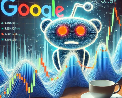 Ilustración conceptual mostrando cómo un cambio en el algoritmo de Google afecta a Reddit, con métricas en descenso.