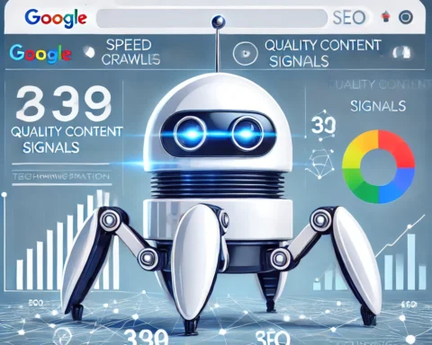 Googlebot rastreando un sitio web con señales de calidad y optimización SEO.