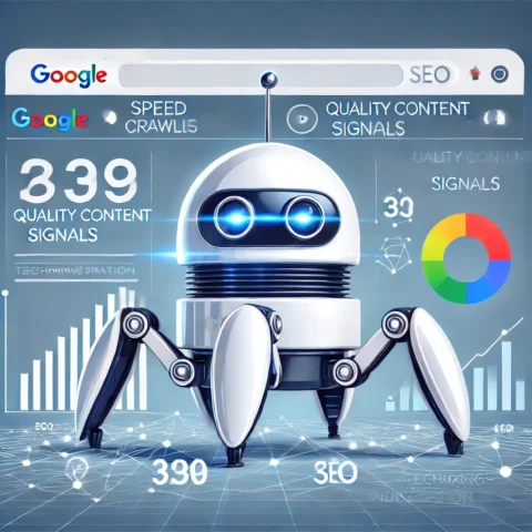 Googlebot rastreando un sitio web con señales de calidad y optimización SEO.