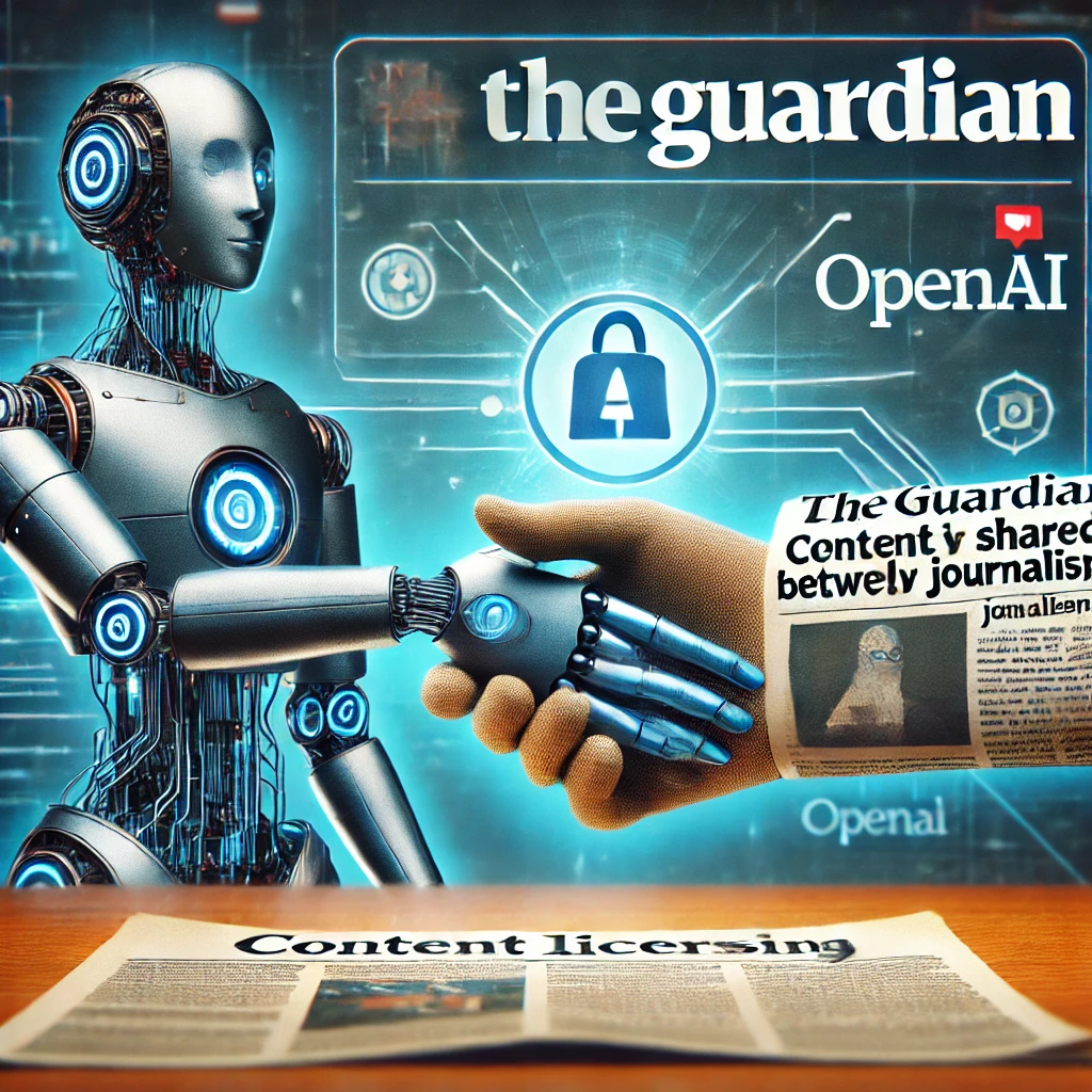 Ilustración conceptual de un acuerdo entre The Guardian y OpenAI, representado por un apretón de manos entre IA y un periódico.